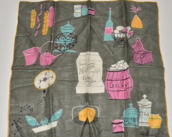 Vintage Pat Prichard Cotton Printed Hankie Coffee Tea Crackers Cheese
