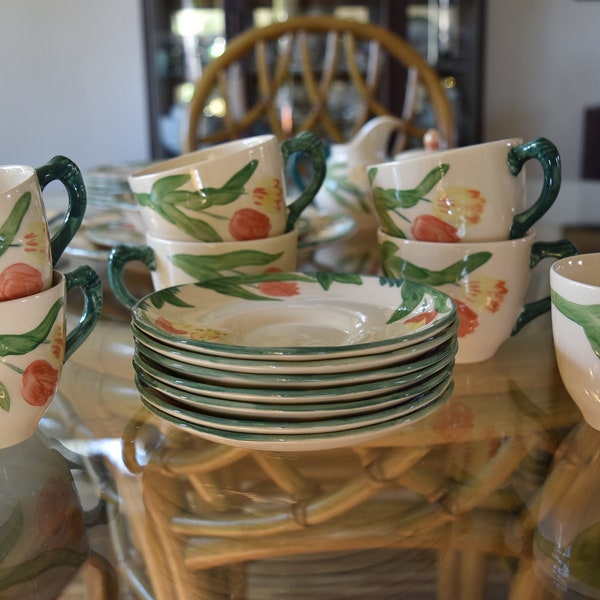 7 Vtg Franciscan TULIP Dinnerware Tea Cups and Saucer Sets Spring Flowers