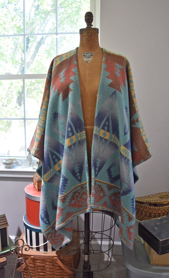 Women Shawl Navajo Serape Wrap Cape with Hoodie 80% AlpacaBEIGE-BLUE-2  BROWNS at  Women's Clothing store