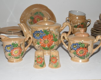 Vintage Lusterware Japan Porcelain Childs Tea Set Dinnerware Service for 6