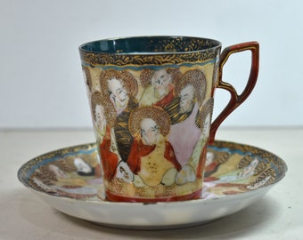 Vintage Japanese Kutani Immortal Gods Demitasse Tea Cup & Saucer