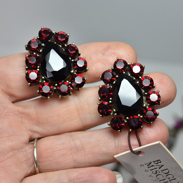 NWT Badgley Mischka Couture Black Ruby Rhinestone Clip On Earrings