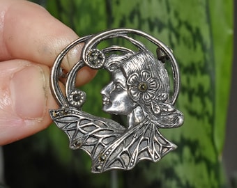 Jahrgang Jugendstil Sterling Silber Marcasite Lady Schmetterling Flügel Pin Brosche