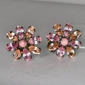 NWT Badgley Mischka Couture Pink Peach Flower Rhinestone Clip On Earrings