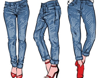 Hand drawn women's fashionable denim jeans. clipart | Etsy