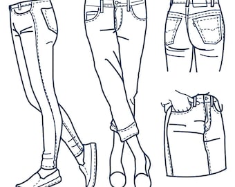 Hand drawn fashion Collection of girl's jeans outline. clipart commercial use, vector graphics, digital clip art, digital images  (EPS, JPG)