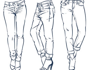 Hand drawn fashion design women's jeans outline . clipart commercial use, vector graphics, digital clip art, digital images  (EPS, JPG)