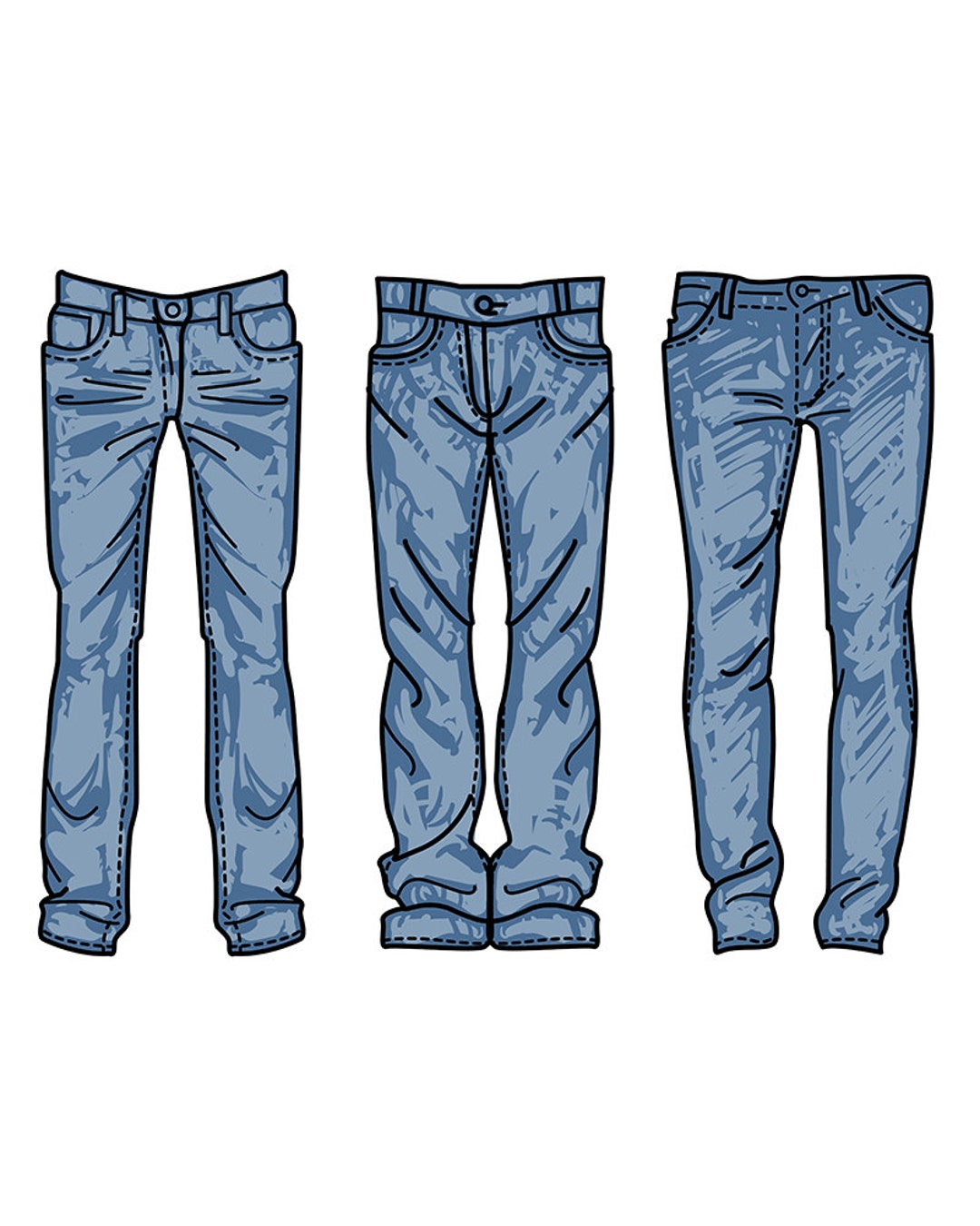 Hand Drawn Fashion Collection of Men's Jeans. Clipart Commercial Use