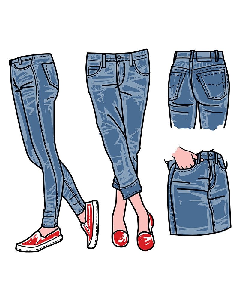 Hand Drawn Fashion Collection of Girl's Jeans. Clipart Commercial Use, Vector Graphics, Digital