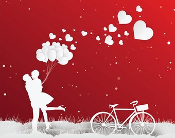 80% Off Sale valentine's day on red background with a bike. Wedding paper art, craft style, vector (EPS, JPG)