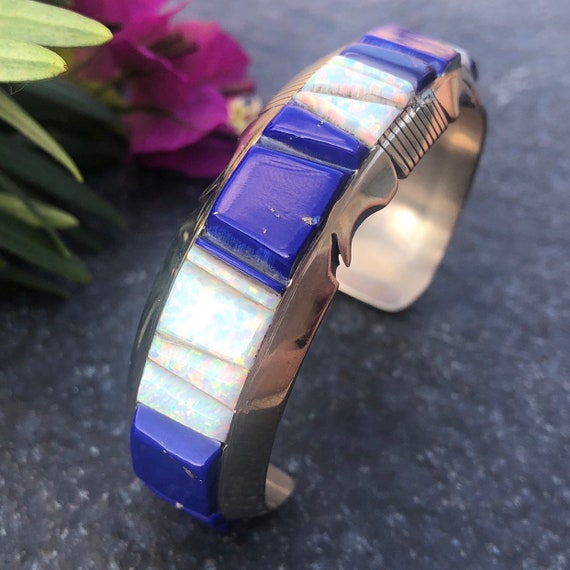 Cobblestone Lapis and Synthetic Opal Sterling Cuff | Navajo Jewelry | Navajo Cuffs | Womens Native Cuffs | Indian Cuffs | Mens Cuffs