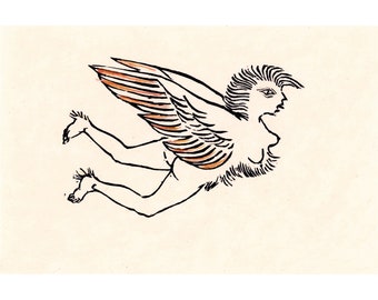 Harpy, Woodblock Relief Print, Traditional Printmaking, Water Based Ink on Rice Paper, Woodcut, Myth Illustration, Gold, Original