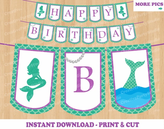 HAPPY BIRTHDAY Printable Banner/ Mermaid Birthday/ Mermaid Party/ Poster/ Wall Decorations/ Mermaid Party Supplies/ backdrop/ Teal/ Green Il_570xn