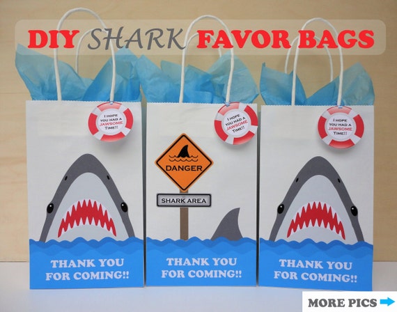 Shark FAVOR BAGS/ Shark Party Theme/ Shark Birthday/ Shark decorations/ Boys Pool Party Favors/ Shark Goodie bags/ Shark Attack Birthday Il_570xn