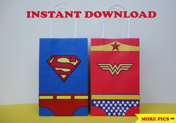 Wonder Woman & Superman Favor Bags/ Wonder Woman Birthday Party Favors/ Goodie/ Goody/ Loot/ Candy/ Treat Bags/ Bag/ Printable Decorations Il_570xn