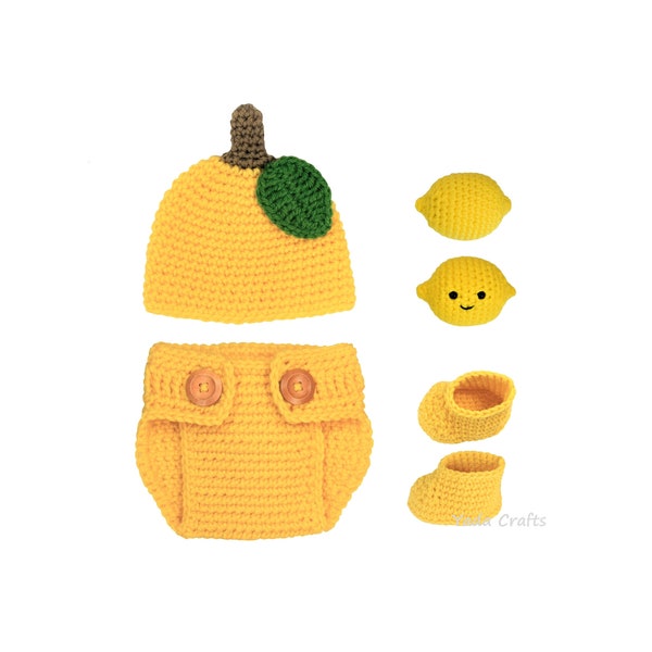 Crochet Lemon outfit, baby hat, Lemon hat, lime hat, fruit hat, Halloween costume, newborn Photo props, photo shoot, amigurumi, Baby toy