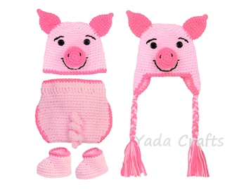 Crochet baby newborn pig halloween costume-newborn outfit-Infant pig pink Earflap hat-baby shower gift-newborn Photo prop-photography prop