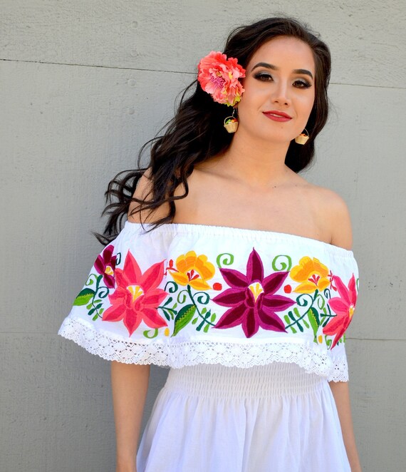 Vestido de novia blanco mexicano multicolor bordado de hombros | Etsy México
