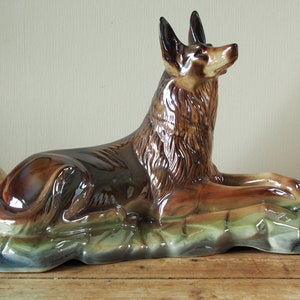 Hubert Bequet Quaregnon Large Dog Figurine - H. Bequet Belgium Lustre Glazed Faience - Ceramic Statue