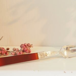 Antique silver serving fork with agate, Netherlands, 1814-1906, silver 833/1000, 15.1 cm, 5.9 inches, 20 grams, Biedermeier style patterns