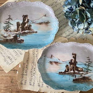Two Handpainted Limoges Porcelain Ornamental Platters, mirrored plates, Limoges France, landscape scenery, ornamental plate