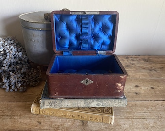 Antique Leather Box, French Jewelry Box - Tuffed Blue Silk