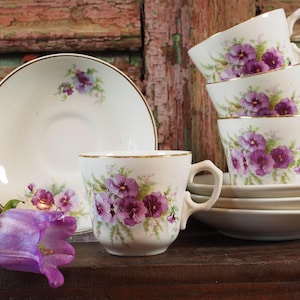 Antique Cup and Saucers - Societe Ceramique - Decor 3495,  Pansies, 1910 - 1920, PRICE PER SET