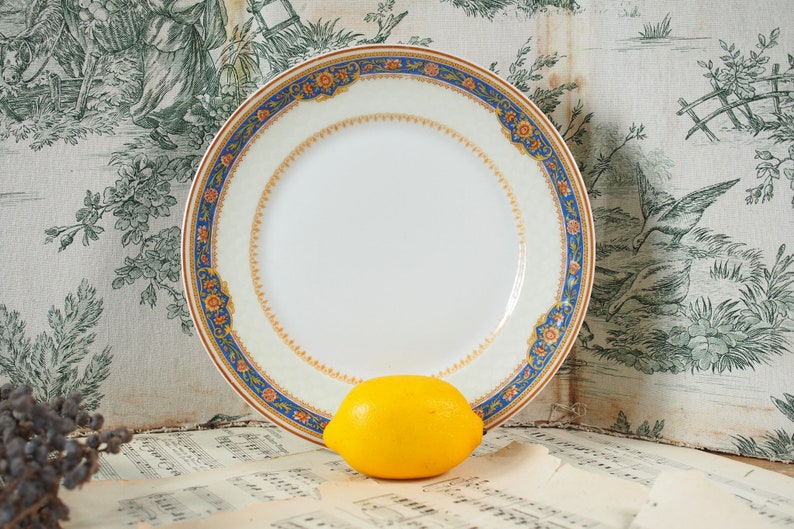Op de afbeelding: Een witte keramische plaat met een decoratieve rand met blauwe, oranje en gouden bloempatronen. Een heldergele citroen rust voor de plaat. De achtergrond omvat vintage bladmuziek en een toile-stof.
