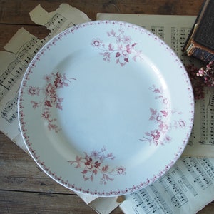 May include: A white ceramic dinner plate with a pink floral pattern. The plate has a scalloped edge and is decorated with a delicate floral design.