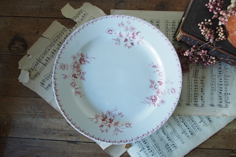 May include: A white ceramic dinner plate with a pink floral pattern. The plate has a scalloped edge and is decorated with a delicate floral design.