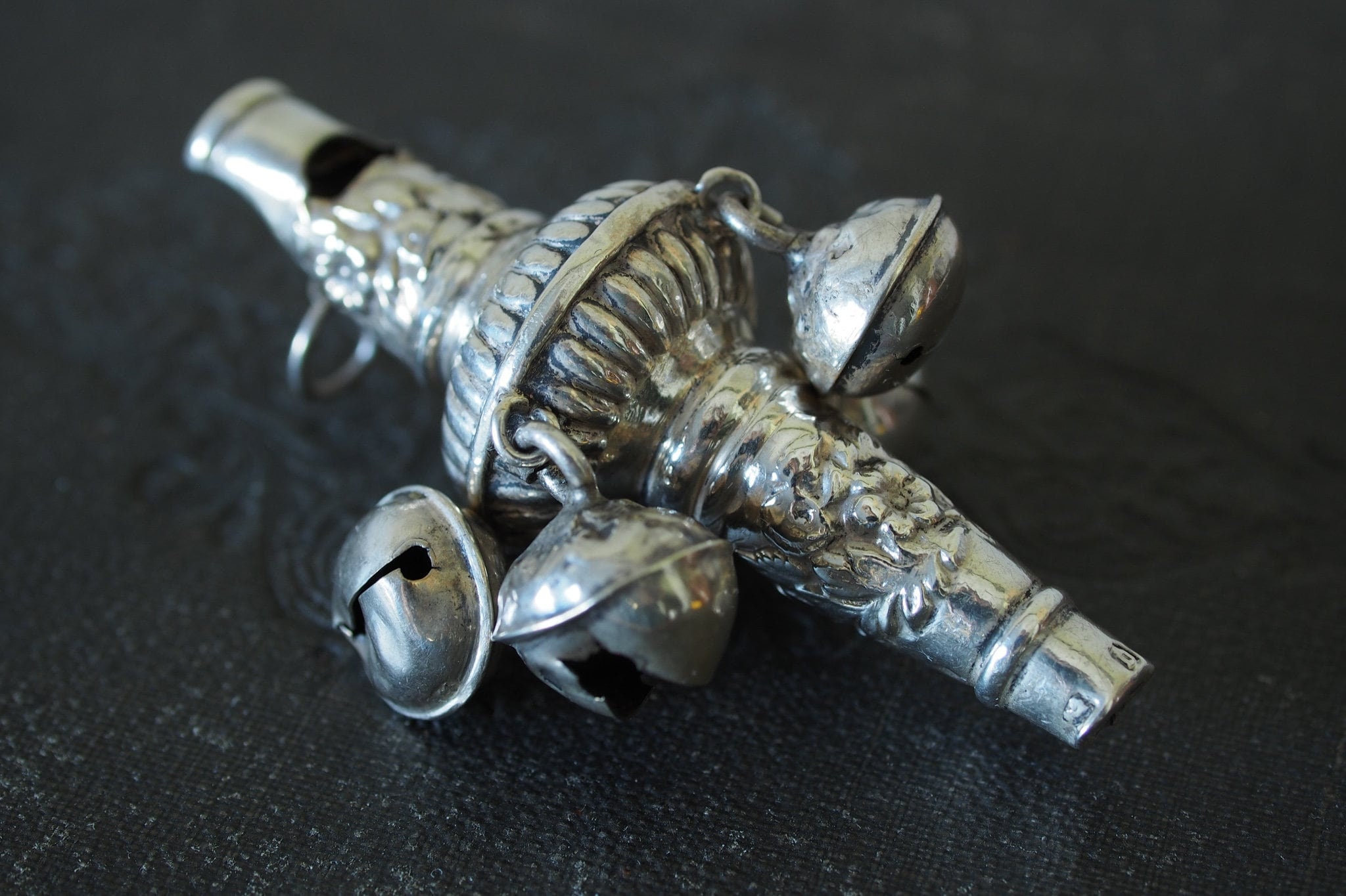 Hilliard and Thomason Silver Baby Rattle, Babtism Whistle 1898
