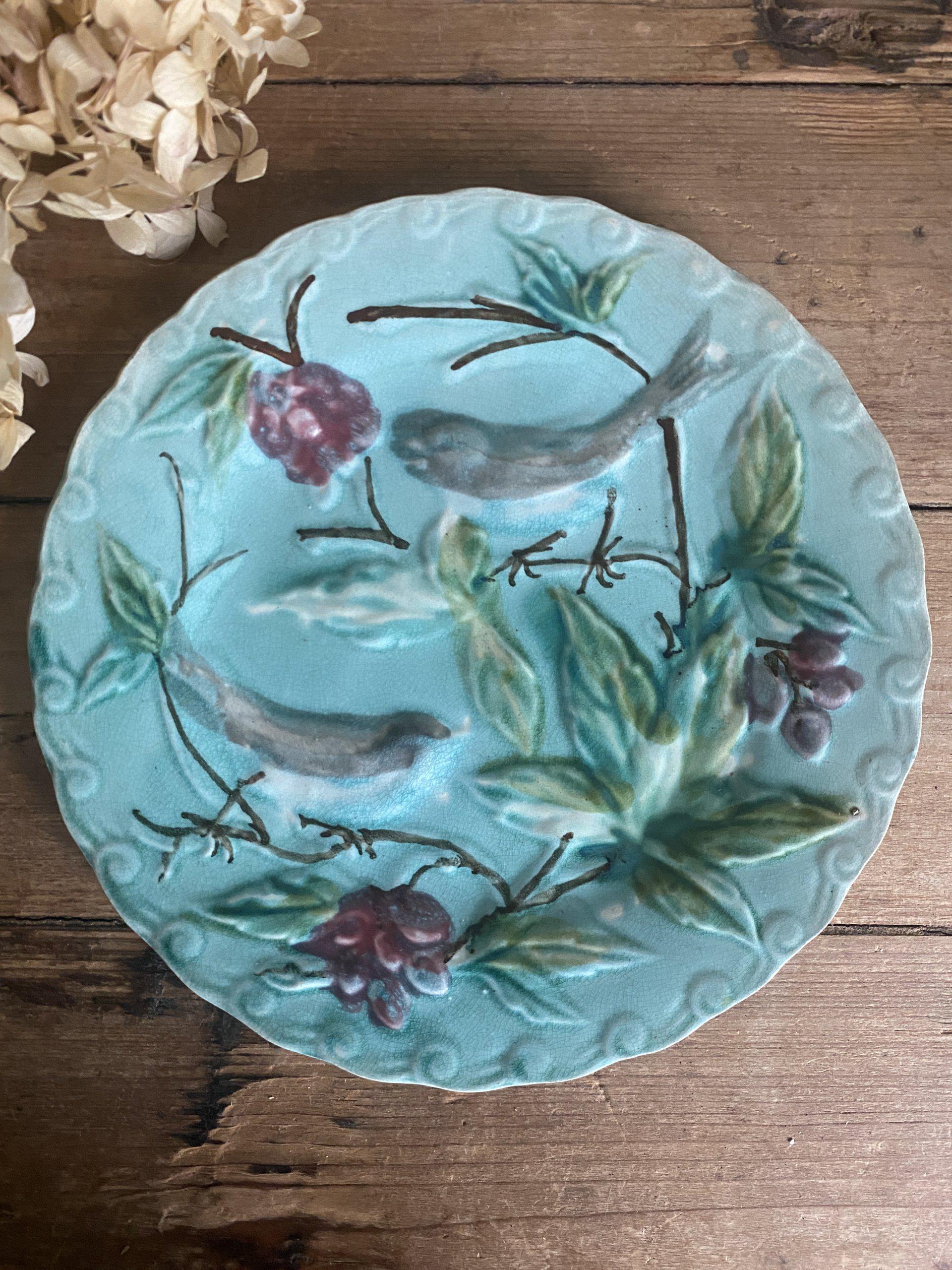 アンティーク フレンチ マジョリカ プレート - バルボティーヌ、鳥