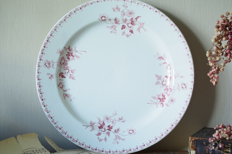 May include: A white ceramic dinner plate with a pink floral pattern around the rim. The plate has a raised edge and a smooth surface.