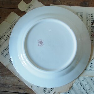 May include: White ceramic plate with a pink and red floral design on the bottom. The plate has a raised rim and a smooth surface.