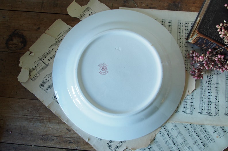 May include: White ceramic plate with a pink and red floral design on the bottom. The plate has a raised rim and a smooth surface.