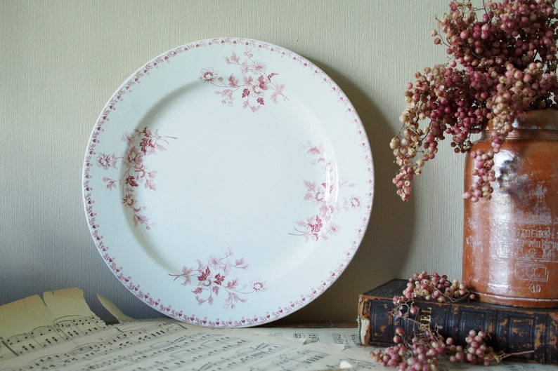 May include: A white ceramic dinner plate with a pink floral pattern around the rim. The plate is sitting on a piece of sheet music.