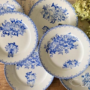 Antique French Breakfast Plate - Blue and White Plates - Putti