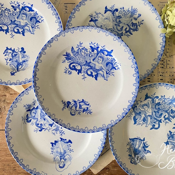 Antique French Breakfast Plate - Blue and White Plates - Putti