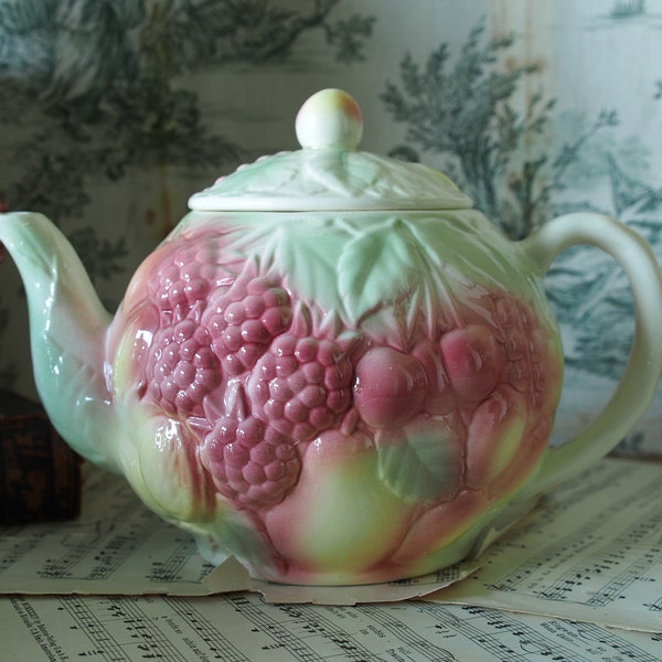 Salins Les Bains teapot - Majolica Barbotine - Pastel Fruit Teapot, 1960s