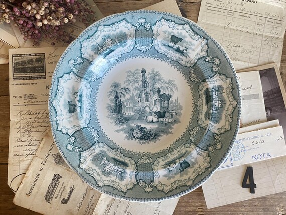 Antique Deep Plate - English Transferware Staffordshire - Decor