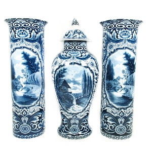Garniture set by Societe Ceramique, Decor Rustique, 1950, Vases and ginger jar.