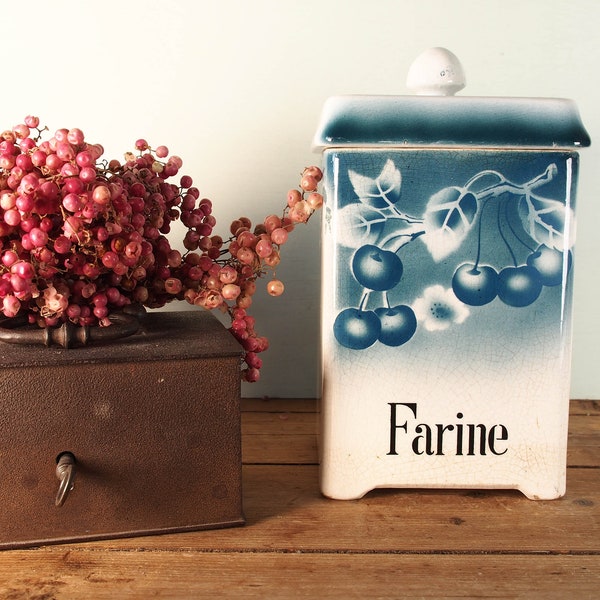 French Ceramic Container Farine Flower, Shabby Chic French Country