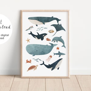 Descargar póster Animales marinos | | impresión imprimible para imprimir usted mismo habitación digital infantil motivo de cartel cristiano Versículo bíblico azul marino
