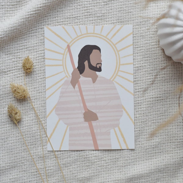 Karte Jesus mit Schäfchen guter Hirte boho | moderne Karte Advent Landschaft Naturpapier Weihnachtspost christlich Geburt Jesu Nativity