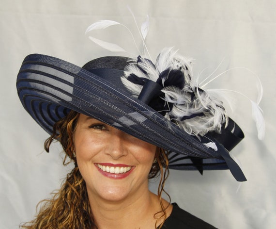 navy blue dress hats Navy Blue Ladies Wide Brim Church Hats M23012( Royal Blue )kentucky Derby Hat Church Hat Wedding