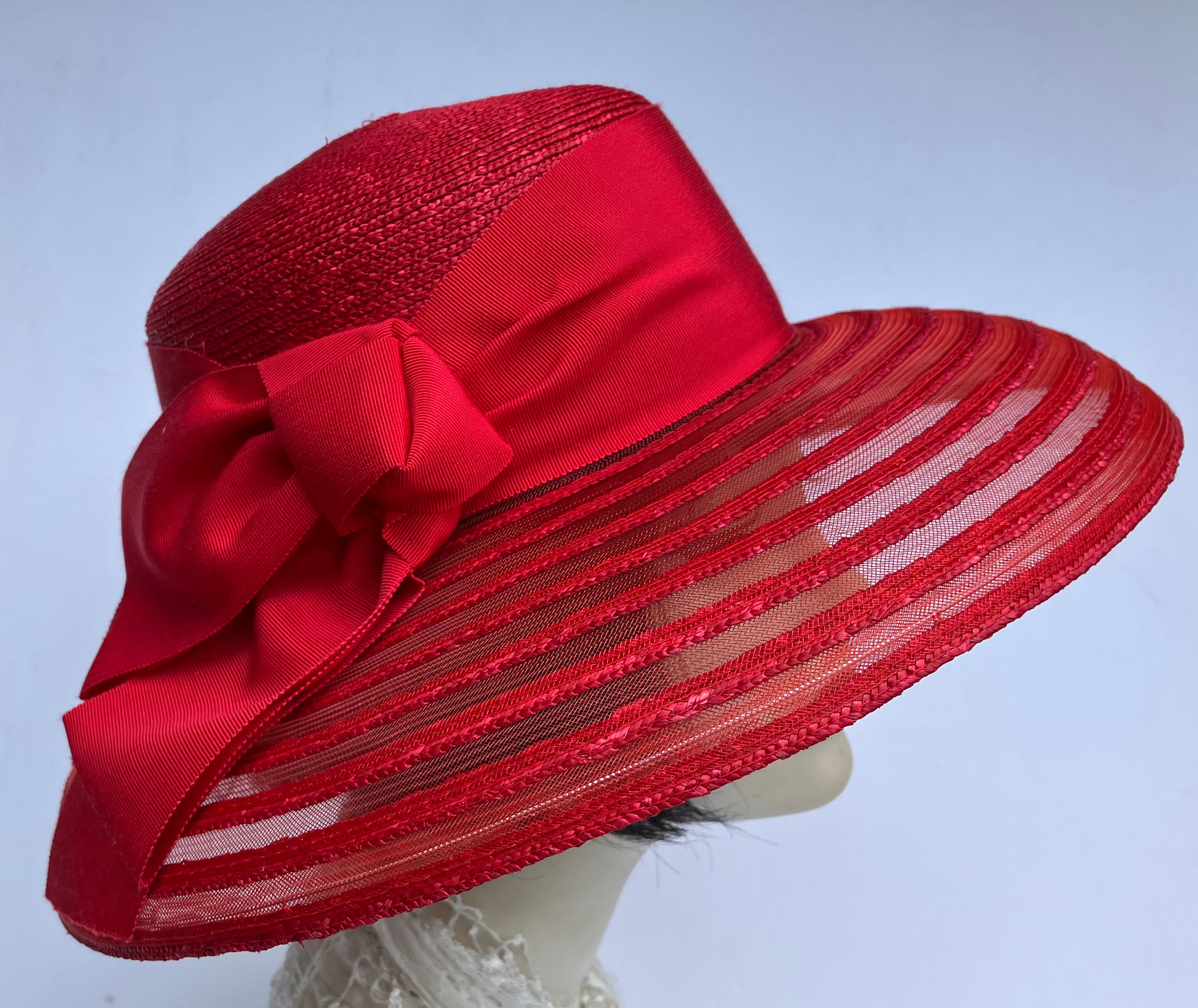 AUGUST HATS DARK RED WOVEN HAT BRIM UP BRIM‎ DOWN Ruby Red Summer Hat, Red Church Hat, Red Bridal Hat , Tea  main image 3