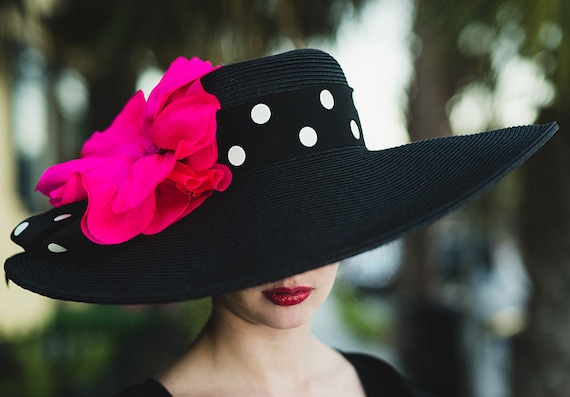 Black - Pink -white Derby Hat, Large Brim, Hot Pink Poppy  display picture 2