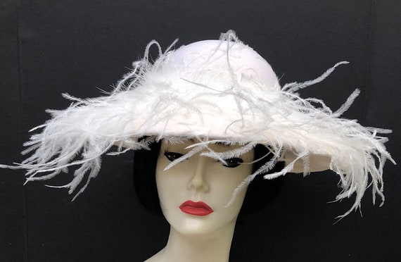 Vintage 60s Streetwear Wool Felt Ostrich Plume Feather Wide Brim Hat Womens 23\
