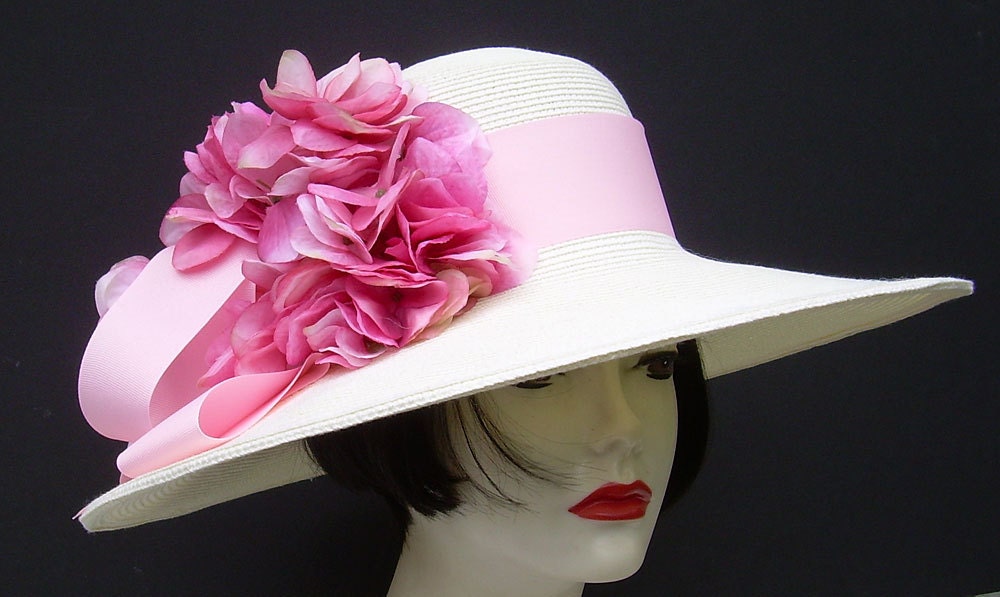 White - Pink Derby, Wedding Hat - Pink Ribbon/pink Hydrangea - Etsy