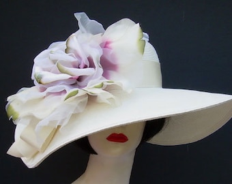 Ivory Derby, Dress, Wedding Hat, Large Brim - Ivory, Fuchsia Pink, Moss Rose